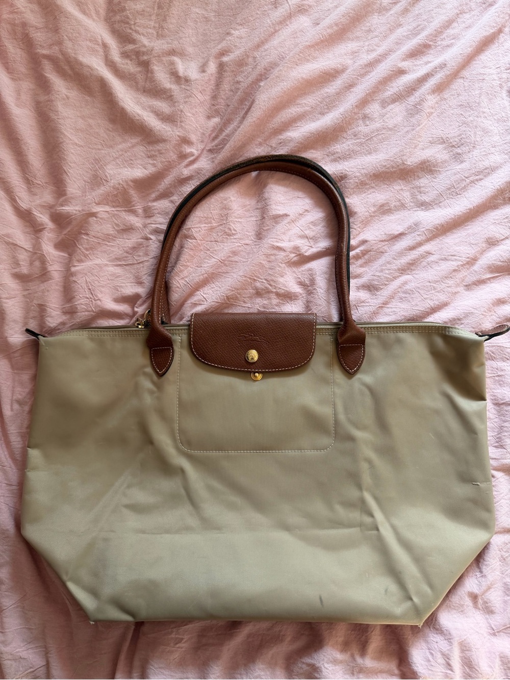 Longchamp Beige Canvas Tote with Brown Leather Trim